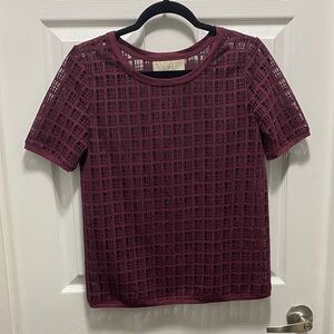 LOFT Burgundy Sheer Short Sleeve Lace Top
